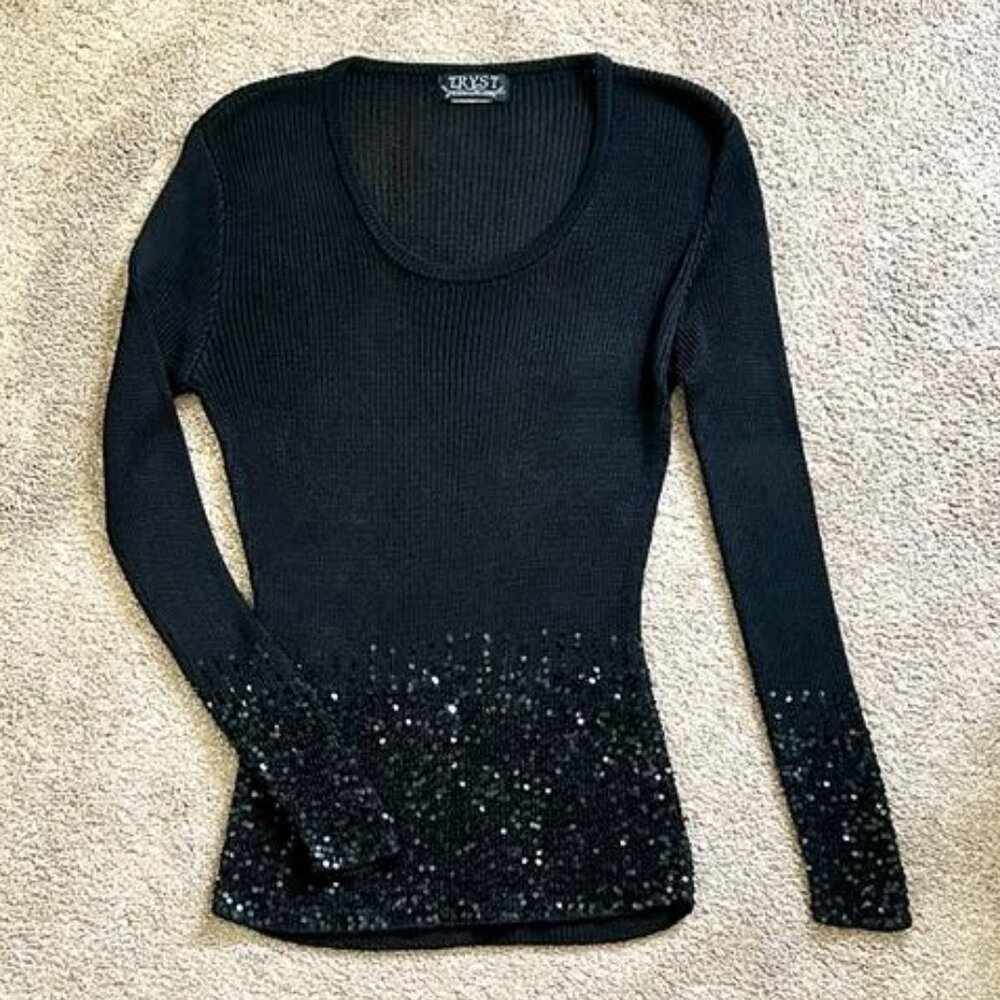 Black Sequin Long Sleeve Fitted Knit Top